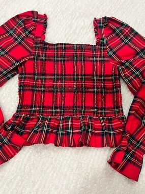 Janie and Jack Red Plaid Smocked Top with Puff Detail girls 16